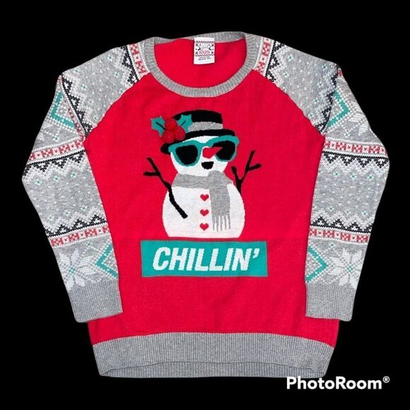 WELL WORN HOLIDAY SWEATER Size XL Unisex (14-16) Cool Snowman “CHILLIN’” - Picture 1 of 4